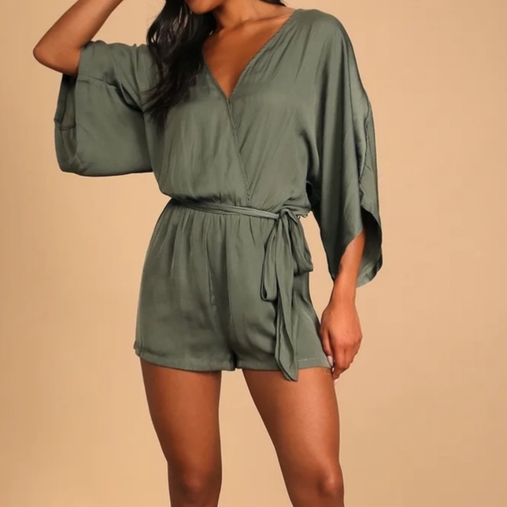 Lulus Satin Surplice Romper Ain’t it Grand Greyish Olive medium NWT